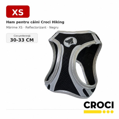 Ham pentru câini Croci Hiking, mărime XS (30–33 cm), reflectorizant, negru – confort și siguranță pentru talie foarte mică